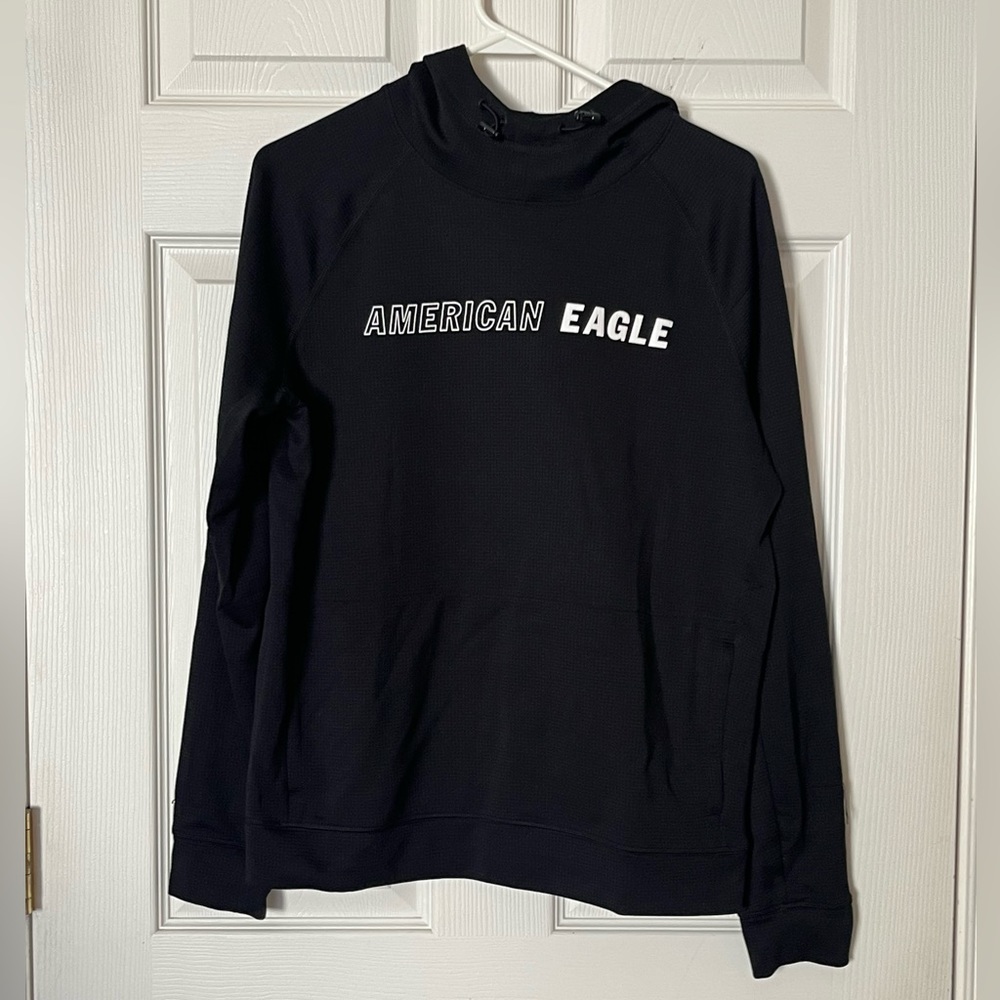 American Eagle Flex Hoodie Sweatshirt Black S Graphic Print Pockets Long Sleeve